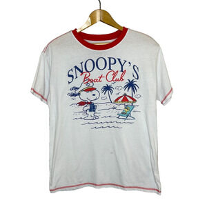 Women's Large Peanuts Snoopy's Boat Club Retro Graphic Ringer T-Shirt